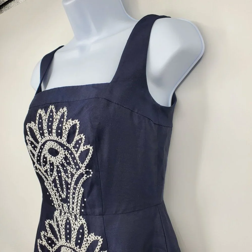 Tory Burch Navy‎ Lily Preppy Silk Quiet Luxury Fit & Flare Square Neck Dress 0
